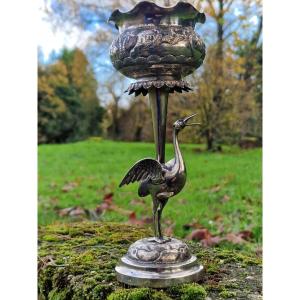 Vase ou bol sur pied au héron grue en argent indien Bombay inde export 90 vietnam