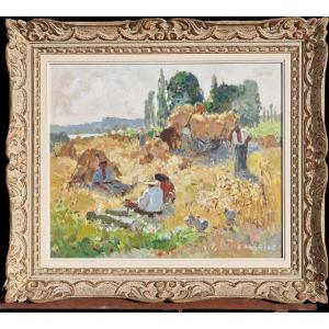 Neo-impressionist Painting By Alfred Jean Chagniot, Harvest Scene In Seine-et-oise 