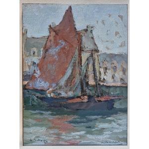 Tableau bateaux de pêche le Pouliguen en 1925 par Charles Tranchand (1884-1955)