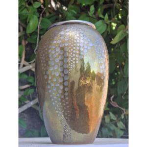 Brassware Vase By Fernand Grange Copper And Silver Pastilles Art Deco Stamped Signed