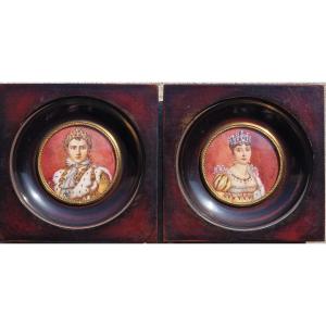 Pair Of Miniature Portrait Paintings Of Napoleon 1st And Josephine De Beauharnais