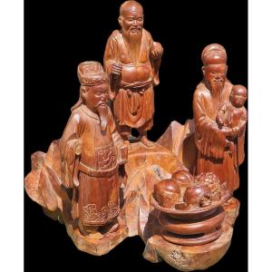 Carved Wood San XIng Group South China Vietnam Good Luck Longevity And Prosperity