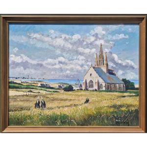 Important tableau la messe à Tronoën en Penmarc'h Finistère par Michel Margueray bretagne