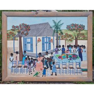 Tableau scène de repas banquet à Haïti par Eugène Jean 