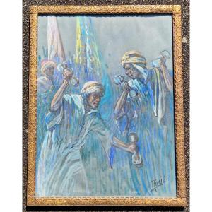 Pastel Painting Signed Moroccan Musicians And Dancers With Carved Frame N