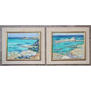 Pair Of Greek Paintings Rocky Coast Marine Painter To Identify