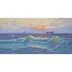 Painting Of The Conchée Fort In Saint Malo And Wave Effects At Sunset