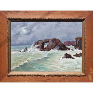 Important tableau la roche percée à Belle-île-en-mer Morbihan Bretagne par Pol Noël breton