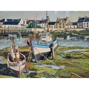 Painting By Michel Margueray: Boats In The Port Of Guilvinec At Low Tide; Oil On Cardboard