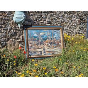 Important tableau marine bateaux a quai port Breton ou Normand style expressionniste