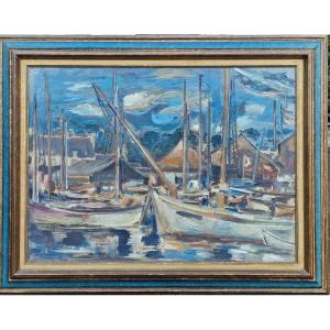 Important tableau marine bateaux a quai port Breton ou Normand style expressionniste