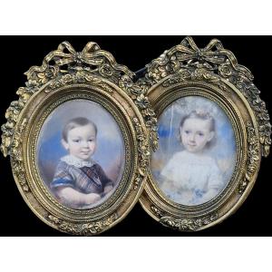 Paire de miniatures sur ivoire portraits de jeunes enfants par Edmé Rousseau (1815-1868)