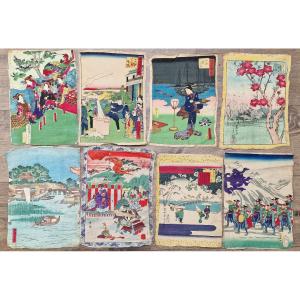 Lot de 8 estampes japonaises sur papier crêpon fin 19ème dont Hiroshige et Toyokuni