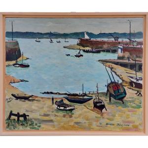 Tableau marine le port de Saint Malo vers Dinard en 1962 par Jacques Bouyssou Bretagne Honfleur
