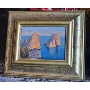 Tableau miniature rochers à Capri Italie marine attribuée à Odierna Guido  orientaliste