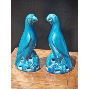 Pair Of Parrot Figurines Made Of Stoneware With A Monochrome Turquoise Glaze, Marked "china Blue"