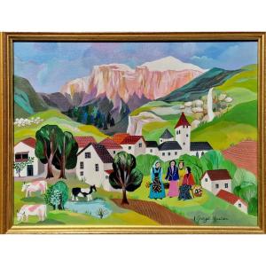 Naïve Art Painting By Irène Darget Bastien, “the Gossips”—a Mountain Landscape With Cows