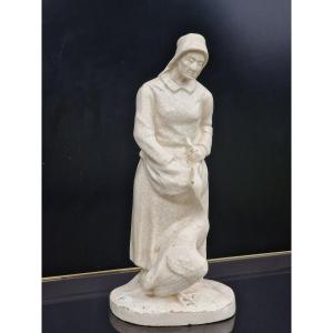 Crackled Ceramic Figurine Of A Peasant Woman With A Goose By Charles Virion (1865–1945)