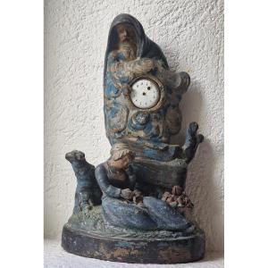 Painted Terracotta Watch Holder Featuring Chronos Watching Over A Sleeping Shepherdess—folk Art