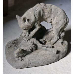 Directly Carved Stone Statue Of A Wolf Devouring A Sheep By René Paris, Gold Medal