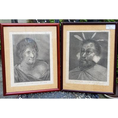 Pair Of Burin Engravings Man And Woman Of New Zealand Late 18th Of Benard Direx