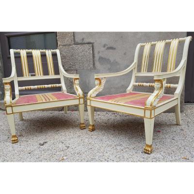 Paire De Larges Fauteuils Maison Roméo Empire Néo Classique