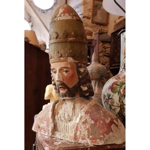 Buste De Saint Corneille Cornely En Pierre Calcaire Polychrome Et Doré