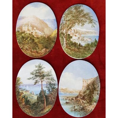 4 Views Of Cannes, Antibes, Poggio & San Remo Ceramic Plates Adélaide Anne Godfrey (1827-1915)