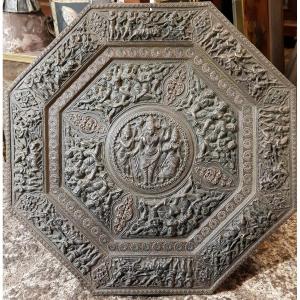 Large Octagonal Charger In Repoussé Copper Cambodia Vietnam Decor Deities