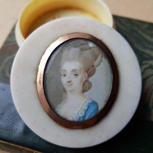 18th Century Ivory Mouche Box And Miniature Portrait Of A Quality Woman