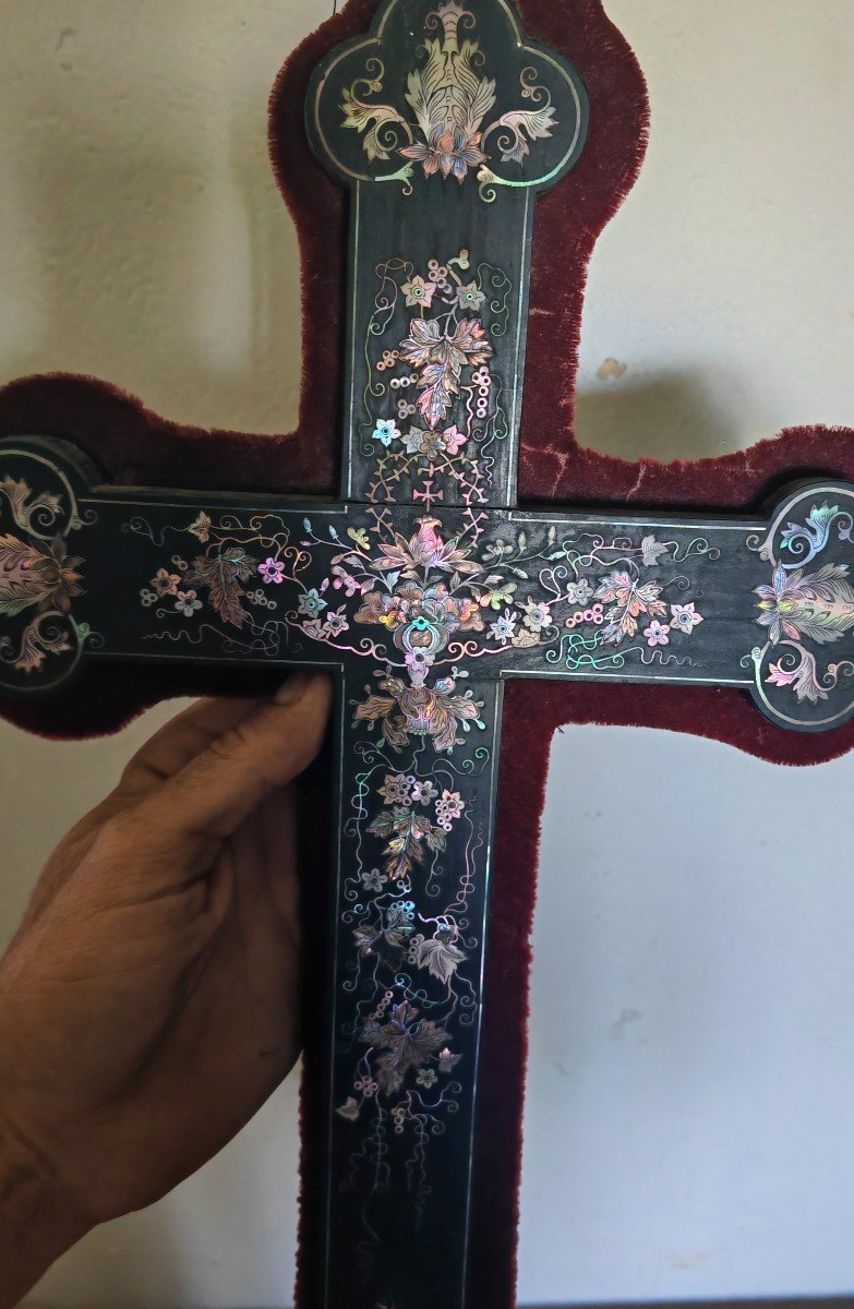 Very Large Cross, Hongmu Inlaid, Mother Of Pearl & Abalone, Vietnam 19thc-photo-3