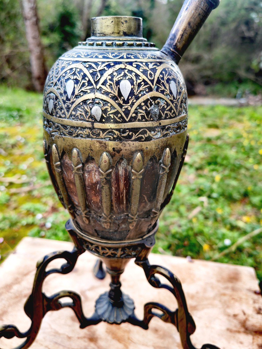 Pipe à Eau, Narguilé, Noix De Coco, Bronze, étain, XIXe Ou Avant -photo-2
