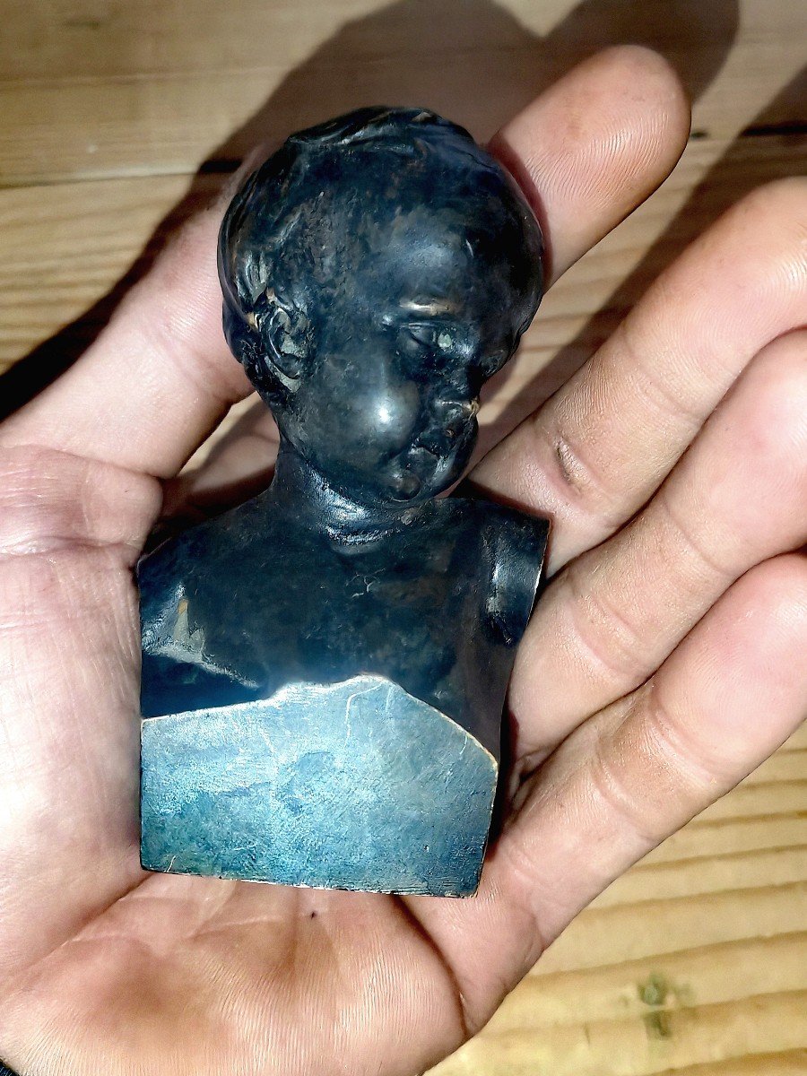 Sculpture En Bronze, Patine Noire, Buste d'Enfant, Fin XIXe Siècle -photo-2