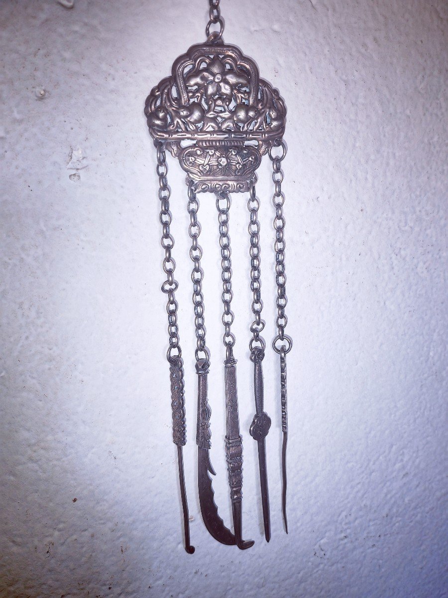 Rare, Châtelaine à Opium En Argent, 5 Outils, Chine-vietnam XIXe Siècle, épées Antiques-photo-2