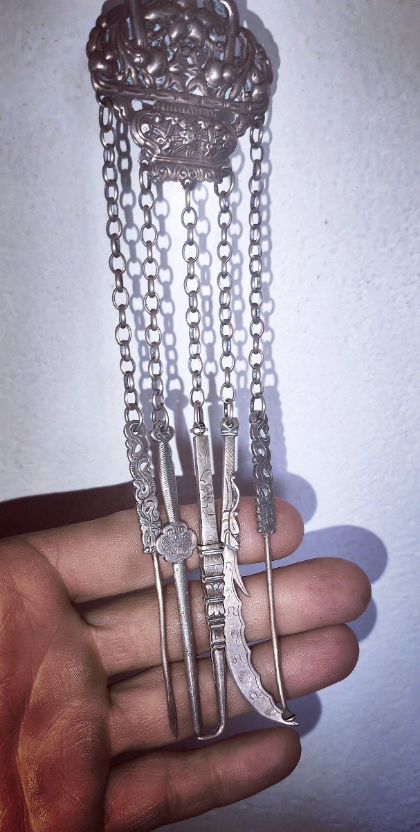 Rare, Châtelaine à Opium En Argent, 5 Outils, Chine-vietnam XIXe Siècle, épées Antiques-photo-3