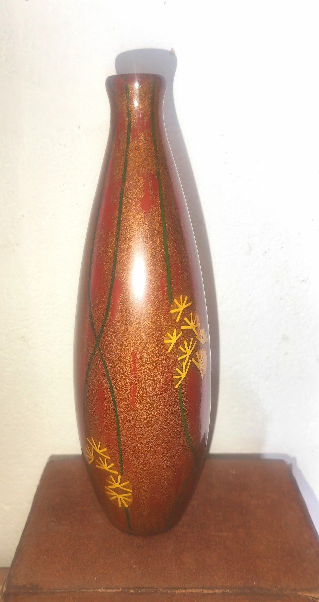 Vietnamese Lacquer Vase, Flowers, Signature, Hanoi, 20th Century-photo-2