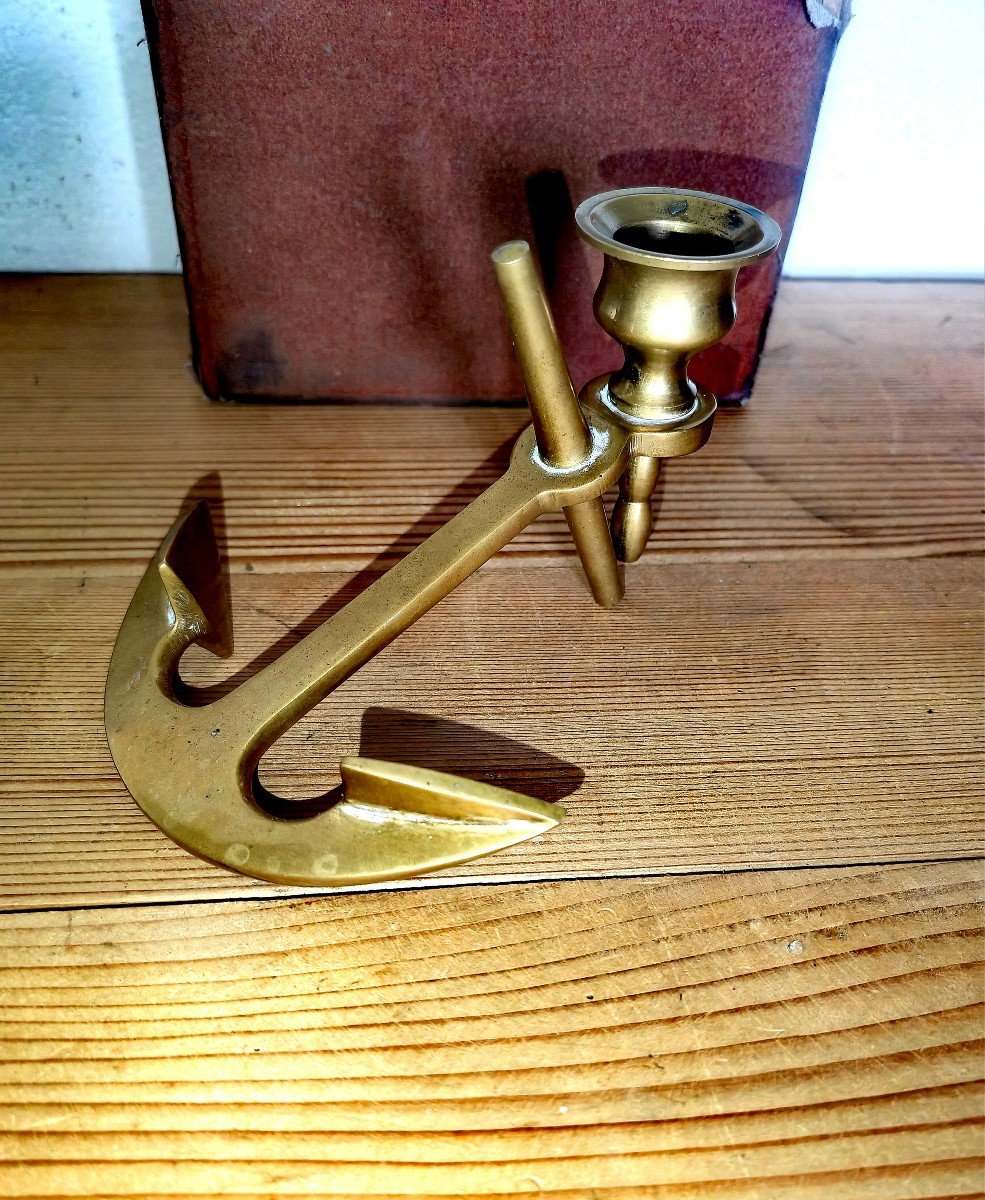 Pair Of Brass Candlesticks, Marine Subjects, Propeller & Anchor, Early Twentieth-photo-2