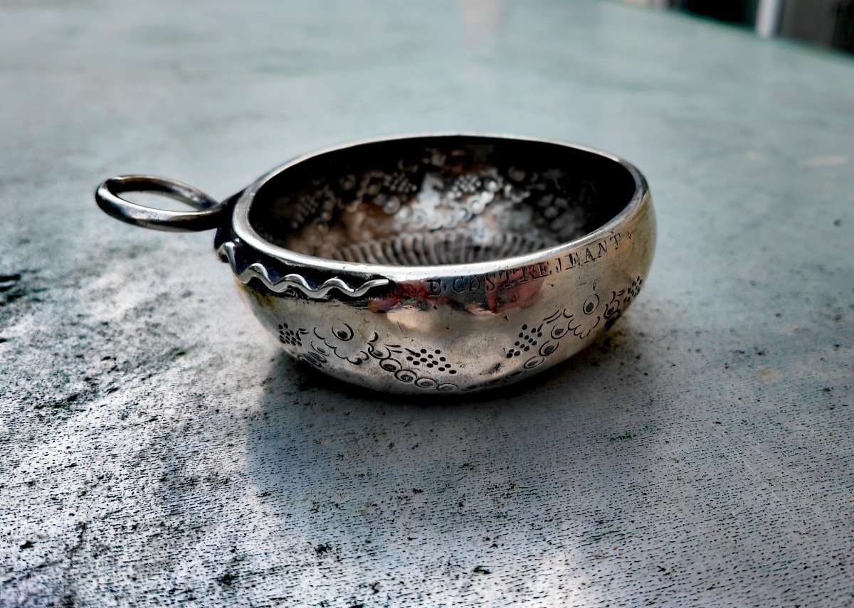 Large Wine Tasting Cup, Sterling, Goldsmith Tm & Old Man, Center Of France, Early 19thc