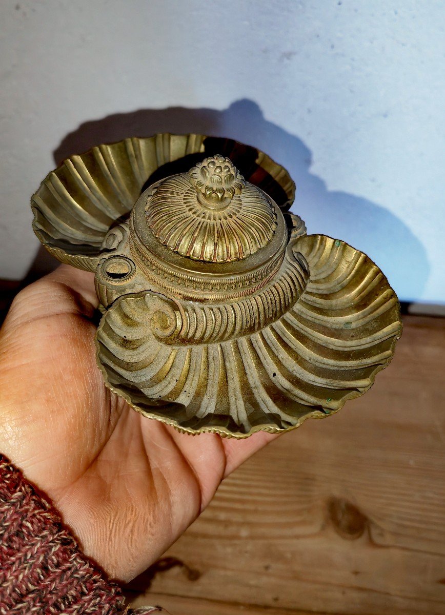Beautiful Bronze Inkwell, Restoration Period, Double Shell, High Quality Early 19th Century-photo-2