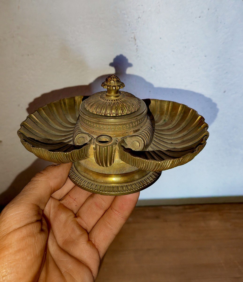 Beautiful Bronze Inkwell, Restoration Period, Double Shell, High Quality Early 19th Century-photo-3