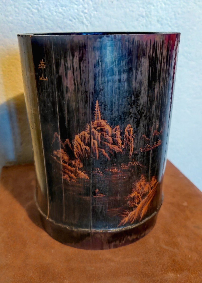Japanese Signed Brush Pot, Lacquered, Carved Bamboo, Lacustrian & Mountain Landscape 19thc-photo-2