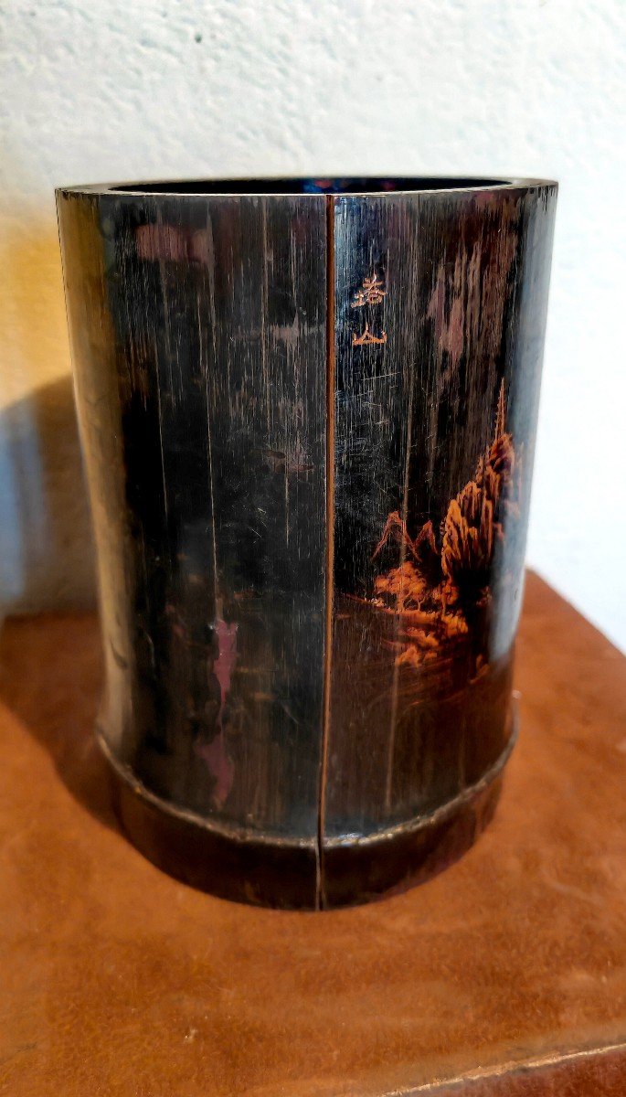 Japanese Signed Brush Pot, Lacquered, Carved Bamboo, Lacustrian & Mountain Landscape 19thc-photo-3