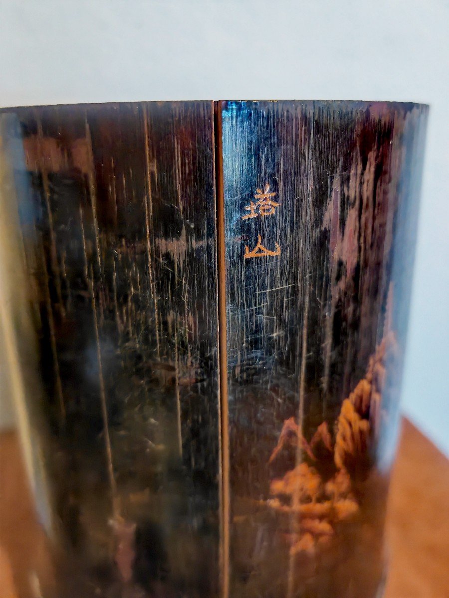 Japanese Signed Brush Pot, Lacquered, Carved Bamboo, Lacustrian & Mountain Landscape 19thc-photo-4
