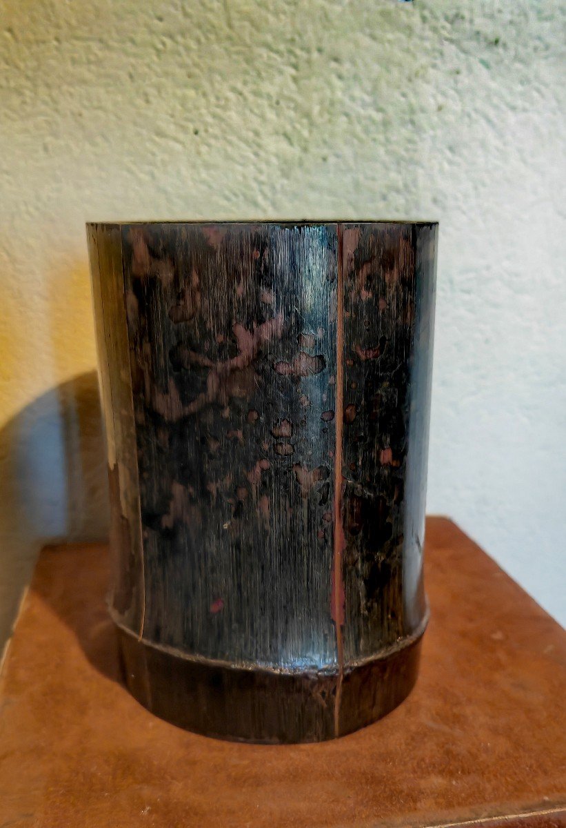 Japanese Signed Brush Pot, Lacquered, Carved Bamboo, Lacustrian & Mountain Landscape 19thc-photo-1