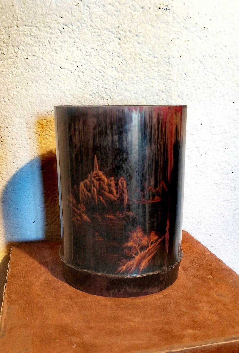 Japanese Signed Brush Pot, Lacquered, Carved Bamboo, Lacustrian & Mountain Landscape 19thc