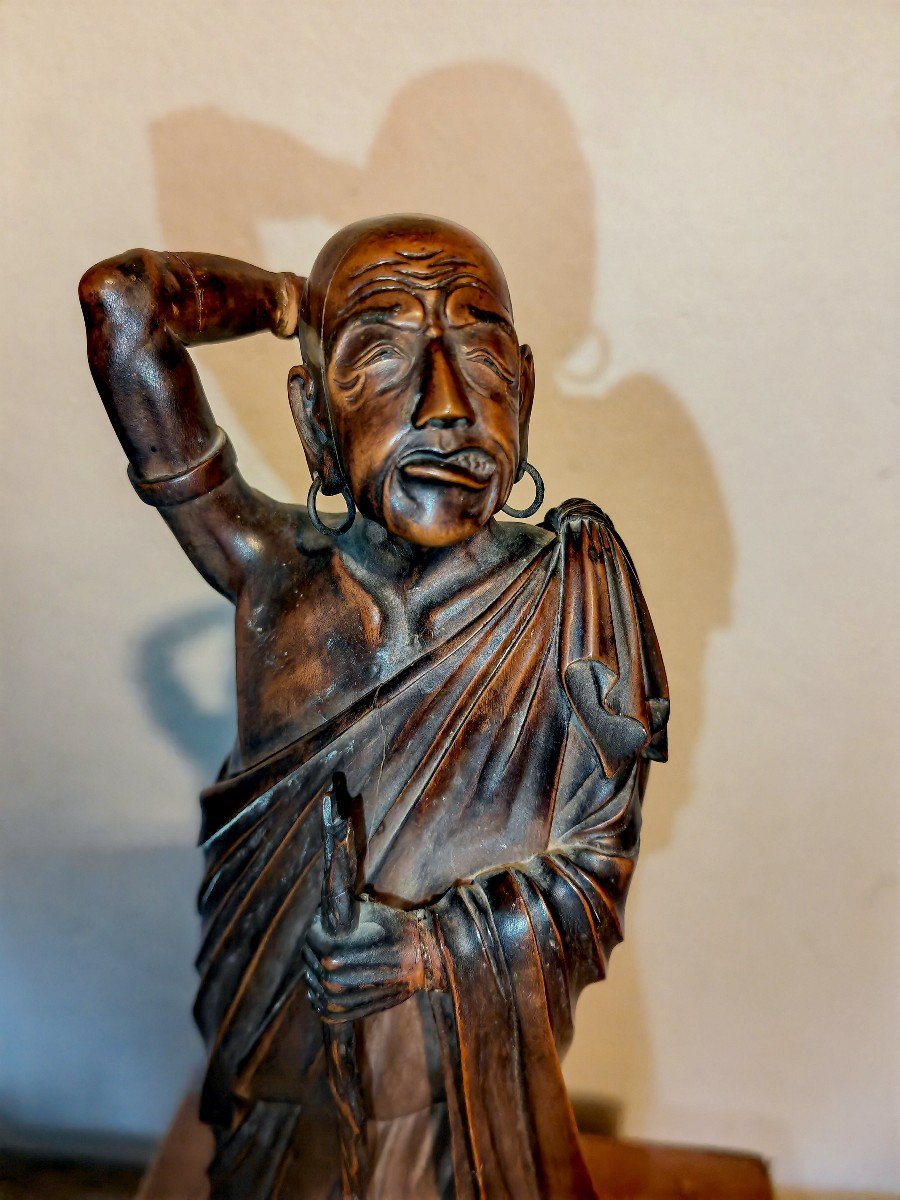 Large Okimono, Carved Wood, Grimacing Monk, Japan Meiji 19th Century -photo-6