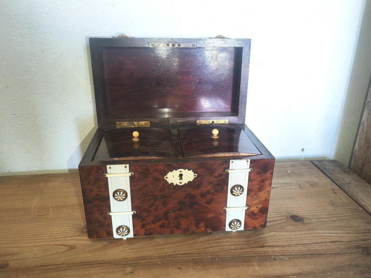 Tea Caddy, Wooden Box, Burrl Wood And Applications, Double Tea Box, 19th Century -photo-2