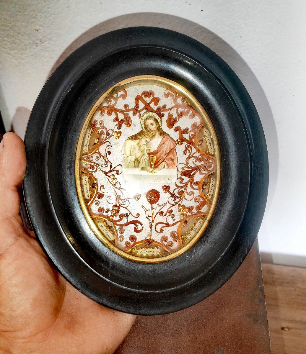 Paperolles Reliquary, Napoleon III Frame, Curved Glass, Relics, Religious Item 19th Century -photo-4