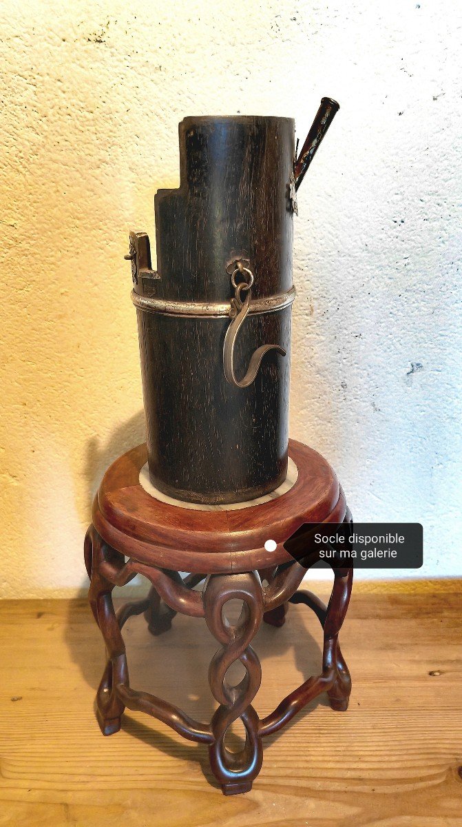 Beautiful Water Pipe, Black Wood, Zitan Or Hongmu, Silver & Paktong, China 19thc -photo-4