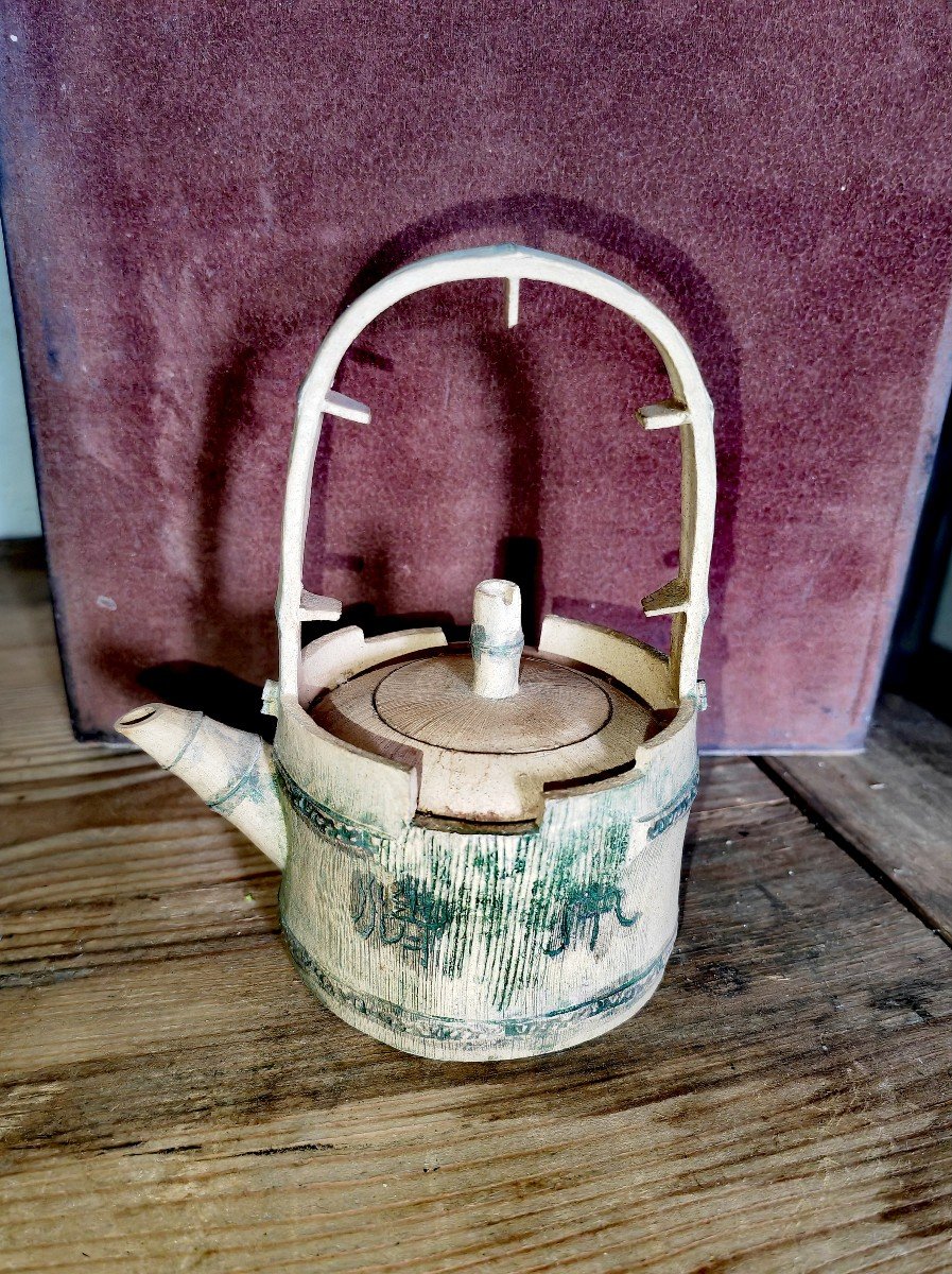 Teapot, Tray & 4 Cups, Yixing Stoneware, Bamboo Trompe l'Oeil, China 20th Century -photo-2
